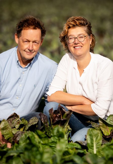Ein l&auml;chelndes, mittelaltes Paar kniet in einem Feld voller gr&uuml;nem Blattgem&uuml;se (Kohl/Salat) unter strahlendem Sonnenschein. Der Mann tr&auml;gt ein hellblaues Hemd, die Frau ein wei&szlig;es Hemd und eine Brille. Der Hintergrund ist ein unscharfes, weites landwirtsc